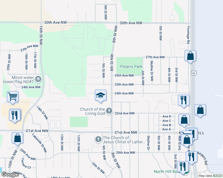 map of restaurants, bars, coffee shops, grocery stores, and more near 2408 8th Street Northwest in Minot