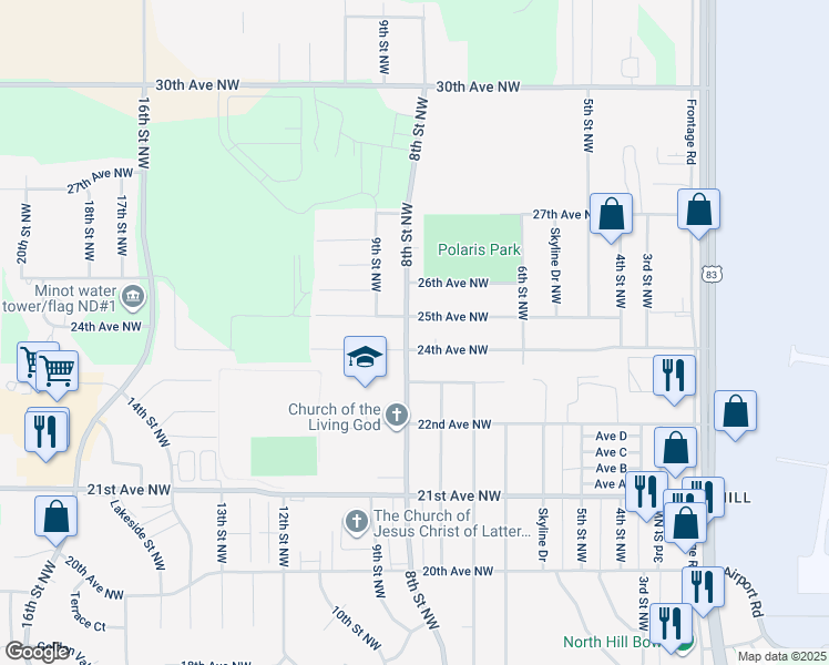 map of restaurants, bars, coffee shops, grocery stores, and more near 2408 8th Street Northwest in Minot