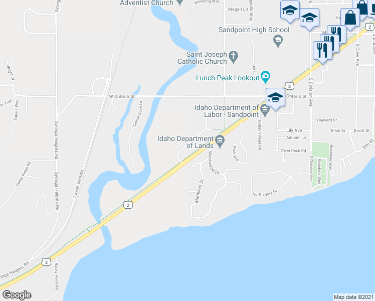 map of restaurants, bars, coffee shops, grocery stores, and more near 1109 Northview Drive in Sandpoint