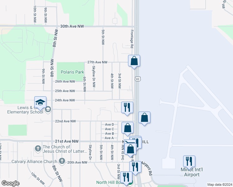 map of restaurants, bars, coffee shops, grocery stores, and more near 232 24th Street Northwest in Minot
