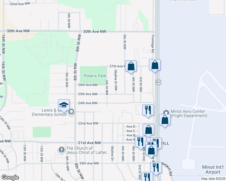 map of restaurants, bars, coffee shops, grocery stores, and more near 2516 6th Street Northwest in Minot