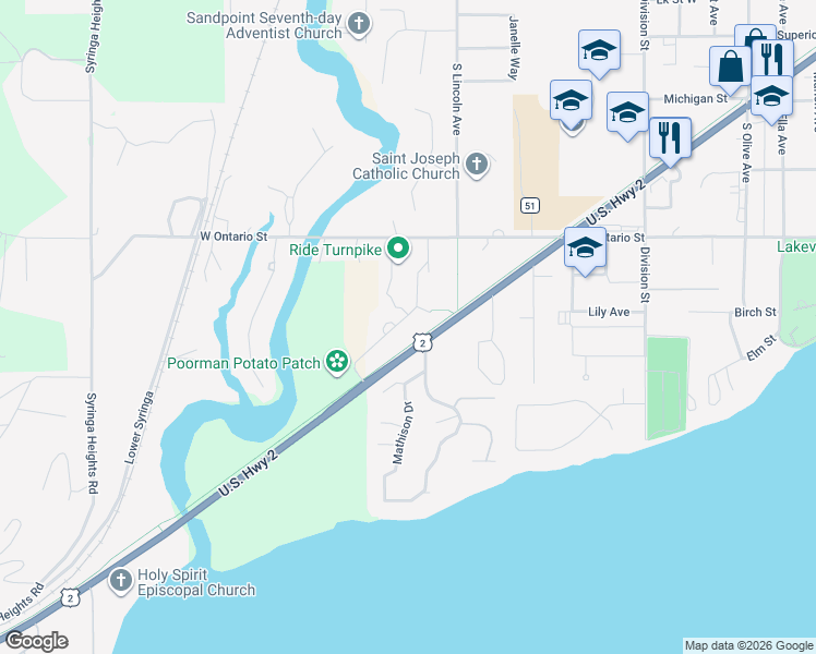 map of restaurants, bars, coffee shops, grocery stores, and more near 1015 Northview Drive in Sandpoint
