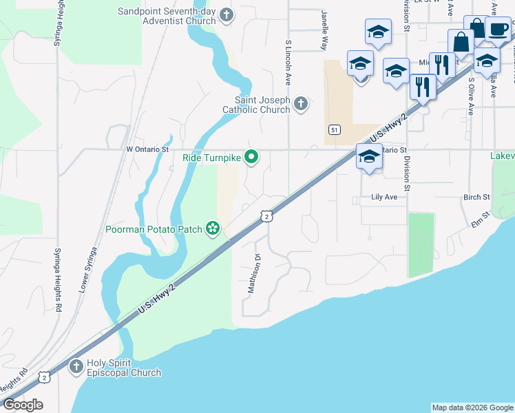 map of restaurants, bars, coffee shops, grocery stores, and more near 1015 Northview Drive in Sandpoint