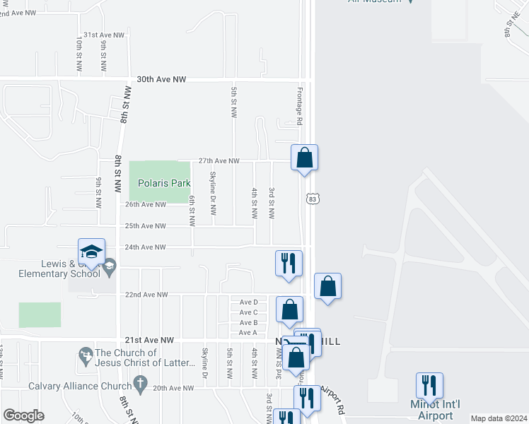 map of restaurants, bars, coffee shops, grocery stores, and more near 2525 North Broadway in Minot