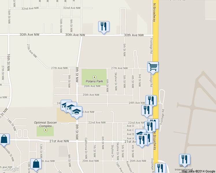 map of restaurants, bars, coffee shops, grocery stores, and more near 2516 6th Street Northwest in Minot