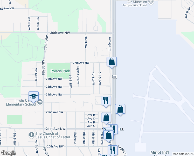 map of restaurants, bars, coffee shops, grocery stores, and more near 2525 North Broadway in Minot