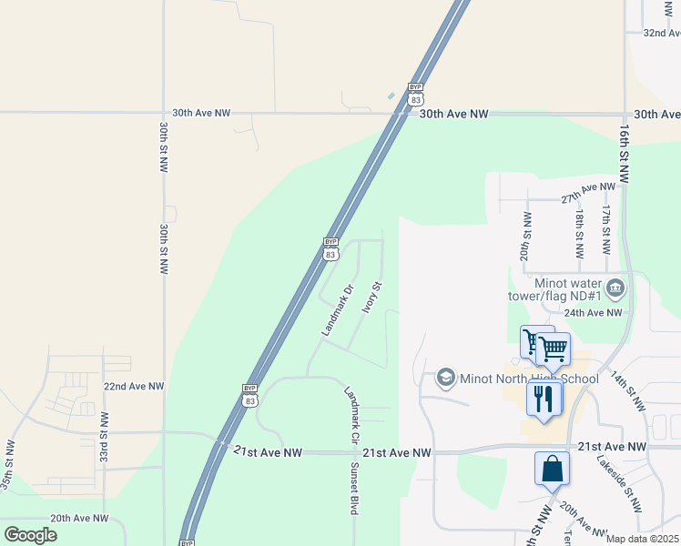 map of restaurants, bars, coffee shops, grocery stores, and more near 2524 Granite Drive in Minot