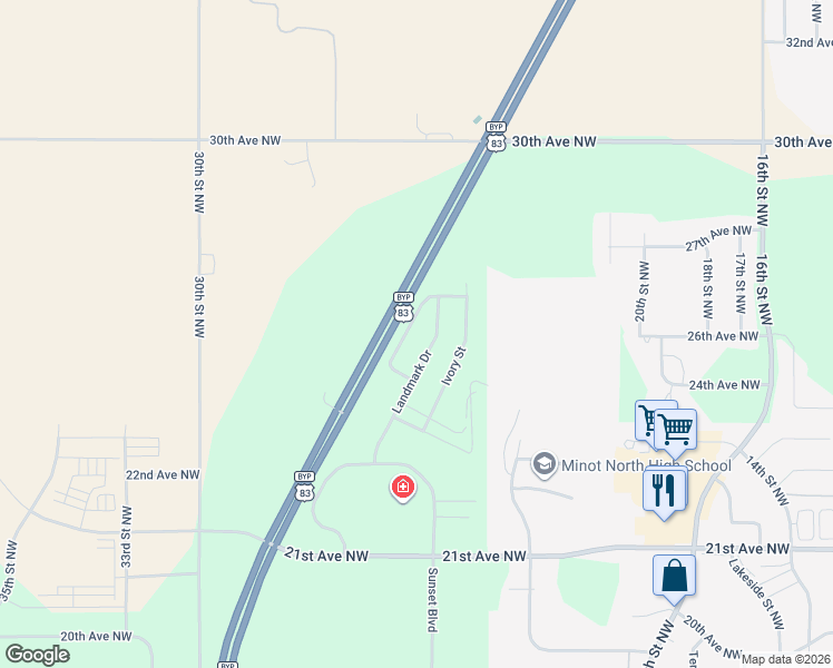 map of restaurants, bars, coffee shops, grocery stores, and more near 2524 Granite Drive in Minot