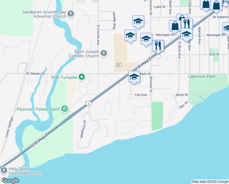 map of restaurants, bars, coffee shops, grocery stores, and more near 2025 U.S. 2 in Sandpoint