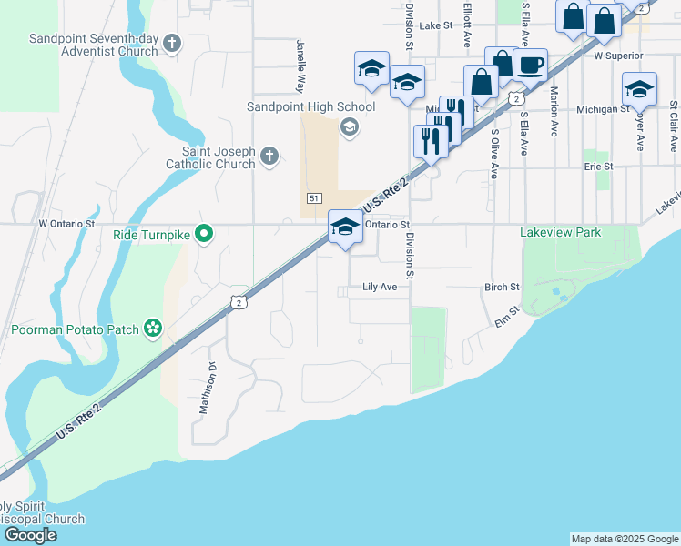 map of restaurants, bars, coffee shops, grocery stores, and more near 614 South Madison Avenue in Sandpoint
