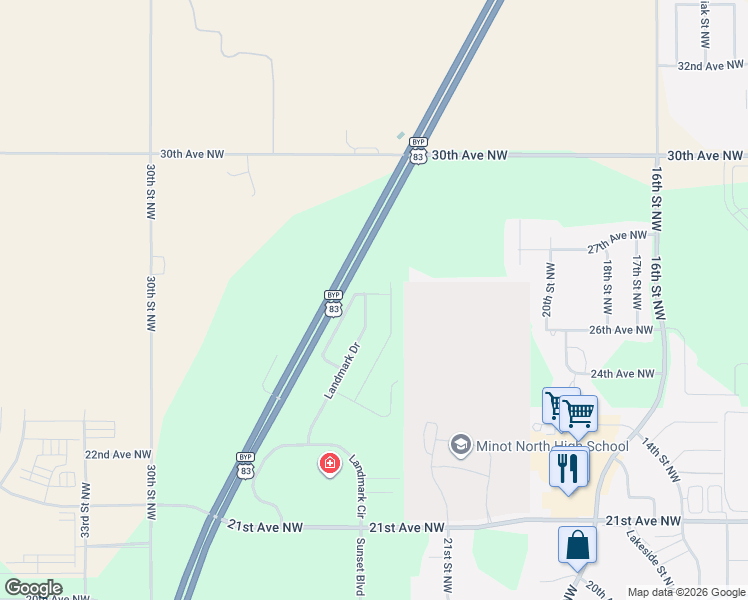 map of restaurants, bars, coffee shops, grocery stores, and more near 2547 Granite Drive in Minot