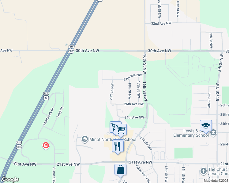 map of restaurants, bars, coffee shops, grocery stores, and more near 2616 20th Street Northwest in Minot