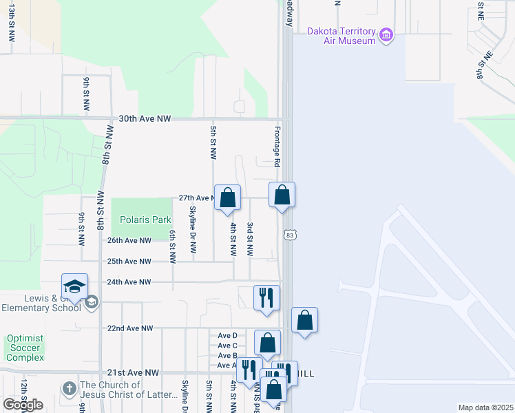 map of restaurants, bars, coffee shops, grocery stores, and more near 209 27th Avenue Northwest in Minot