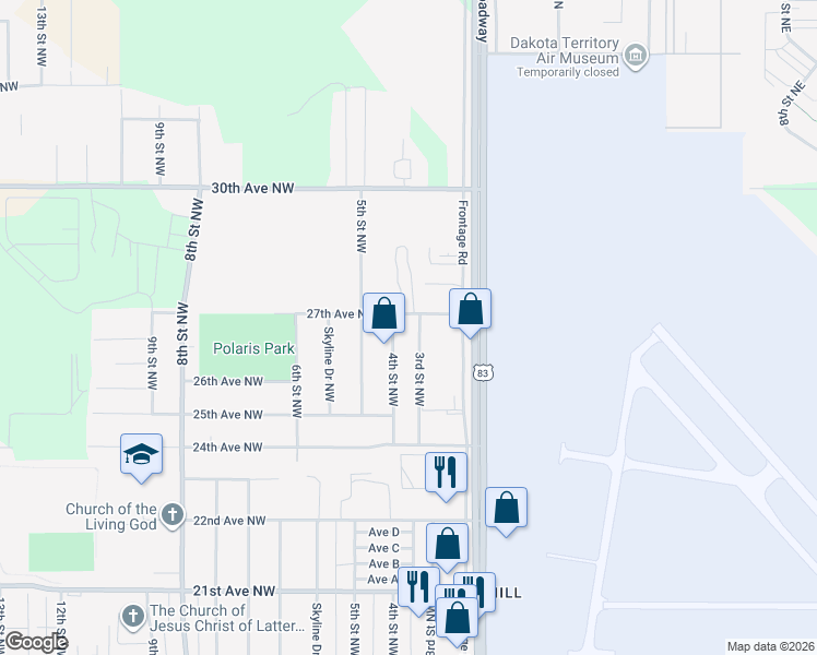 map of restaurants, bars, coffee shops, grocery stores, and more near 209 27th Avenue Northwest in Minot