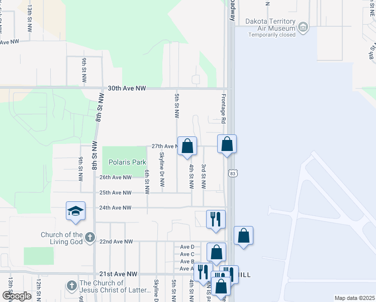 map of restaurants, bars, coffee shops, grocery stores, and more near 2621 4th Street Northwest in Minot