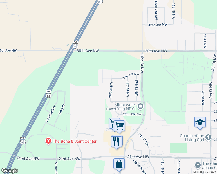 map of restaurants, bars, coffee shops, grocery stores, and more near 2629 20th Street Northwest in Minot