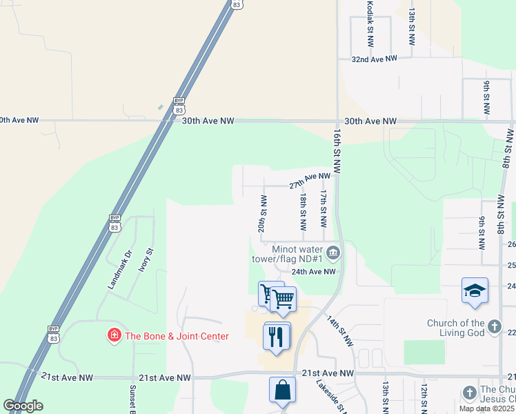 map of restaurants, bars, coffee shops, grocery stores, and more near 2629 20th Street Northwest in Minot
