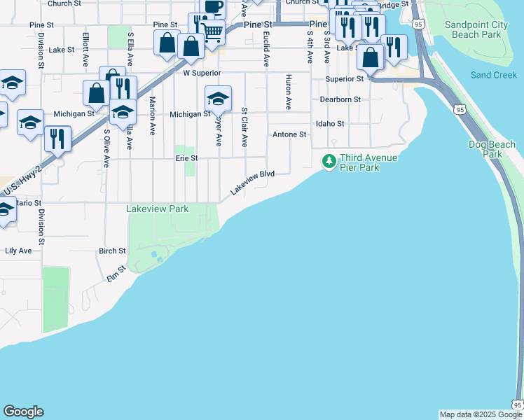 map of restaurants, bars, coffee shops, grocery stores, and more near 500 Lakeview Lane in Sandpoint