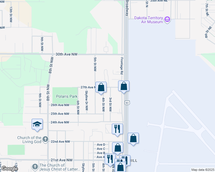 map of restaurants, bars, coffee shops, grocery stores, and more near 209 27th Avenue Northwest in Minot