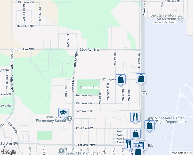 map of restaurants, bars, coffee shops, grocery stores, and more near 320 27th Avenue Northwest in Minot