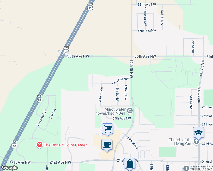 map of restaurants, bars, coffee shops, grocery stores, and more near 2629-2633 20th Street Northwest in Minot