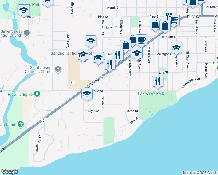 map of restaurants, bars, coffee shops, grocery stores, and more near 1308 Ontario Street in Sandpoint