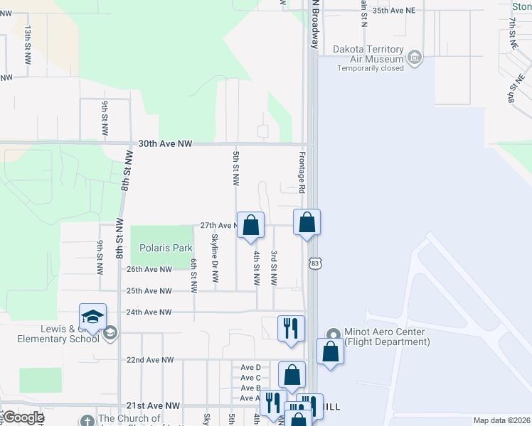 map of restaurants, bars, coffee shops, grocery stores, and more near 300 27th Avenue Northwest in Minot