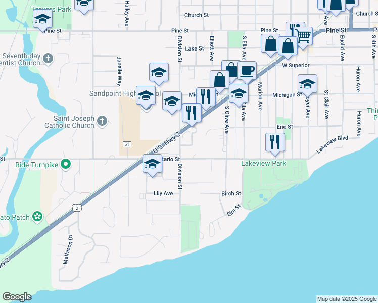 map of restaurants, bars, coffee shops, grocery stores, and more near 1308 Ontario Street in Sandpoint