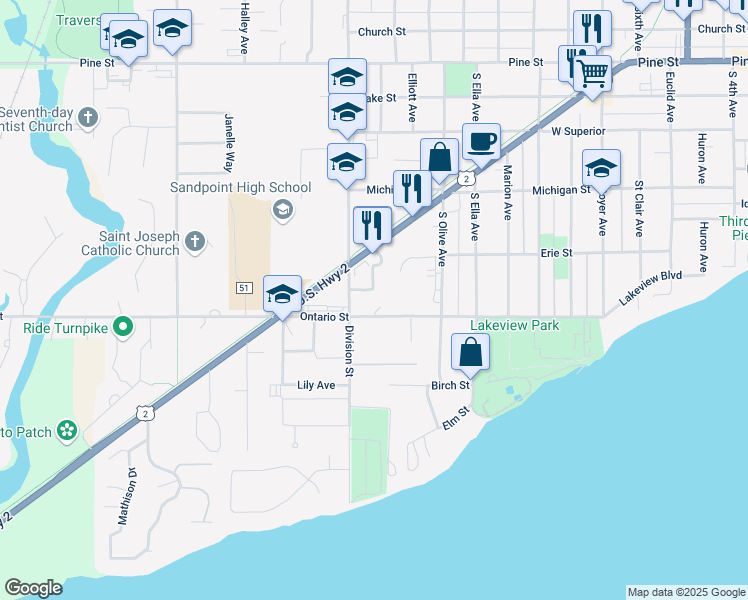 map of restaurants, bars, coffee shops, grocery stores, and more near 1323 U.S. 2 in Sandpoint