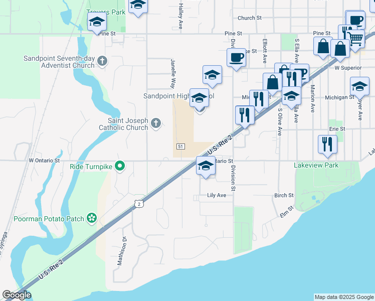 map of restaurants, bars, coffee shops, grocery stores, and more near 1602 Ontario Street in Sandpoint