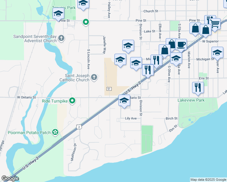 map of restaurants, bars, coffee shops, grocery stores, and more near 1602 Ontario Street in Sandpoint