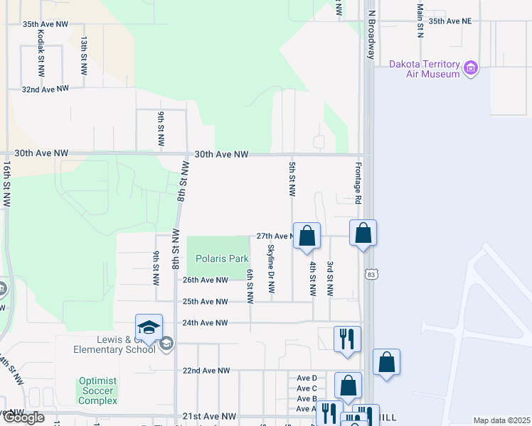 map of restaurants, bars, coffee shops, grocery stores, and more near 2717 5th Street Northwest in Minot