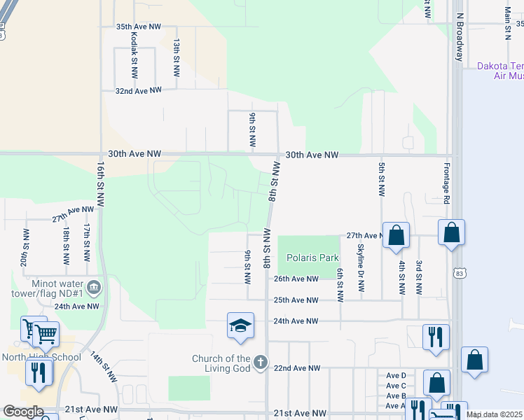 map of restaurants, bars, coffee shops, grocery stores, and more near 2755 8th Street Northwest in Minot