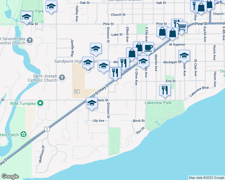 map of restaurants, bars, coffee shops, grocery stores, and more near 1323 U.S. 2 in Sandpoint