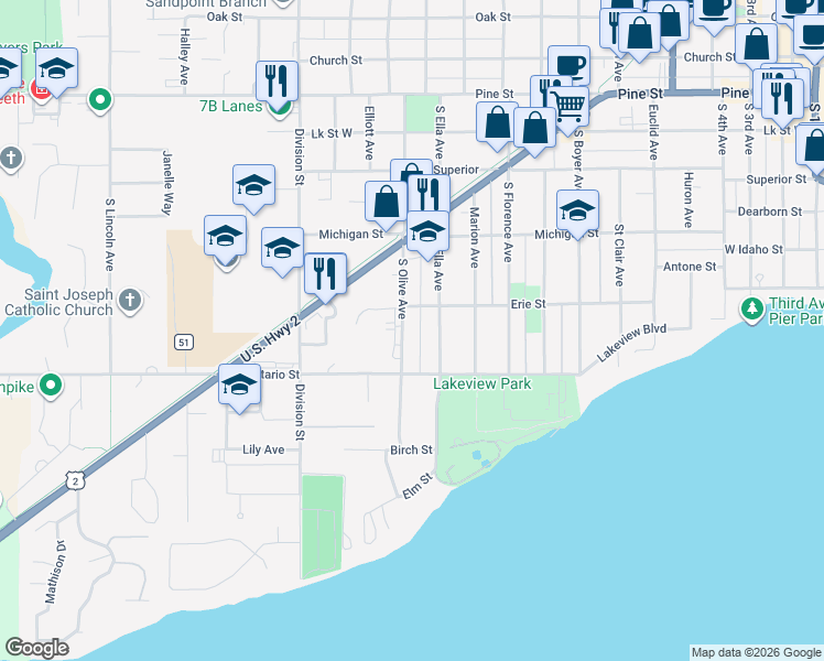 map of restaurants, bars, coffee shops, grocery stores, and more near 521 South Olive Avenue in Sandpoint