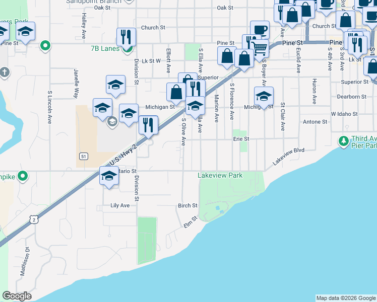 map of restaurants, bars, coffee shops, grocery stores, and more near 521 South Olive Avenue in Sandpoint