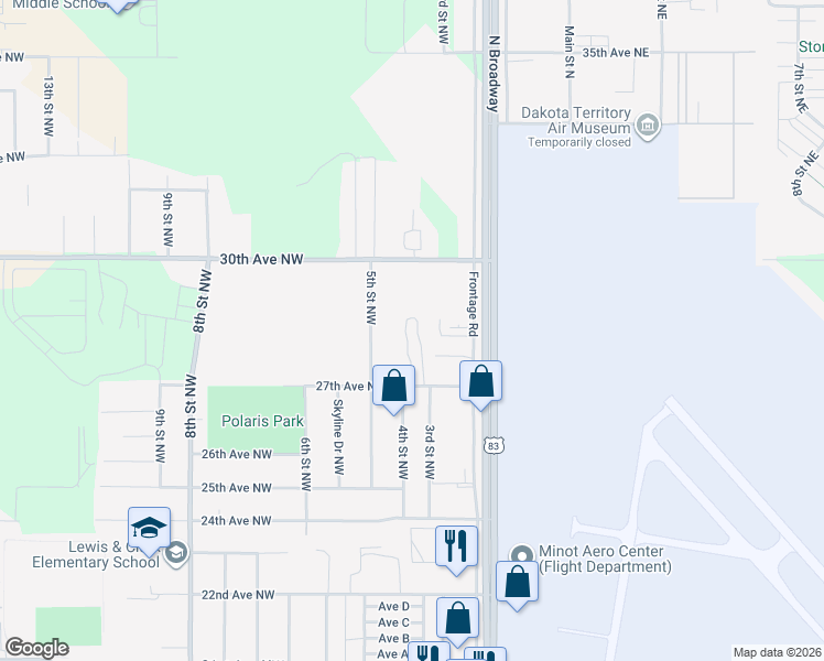 map of restaurants, bars, coffee shops, grocery stores, and more near 320 27th Avenue Northwest in Minot