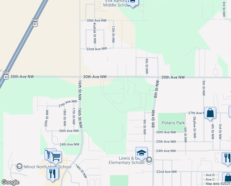 map of restaurants, bars, coffee shops, grocery stores, and more near 1250 27th Avenue Northwest in Minot