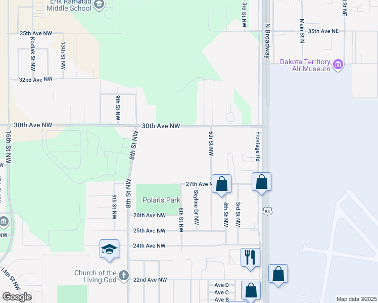 map of restaurants, bars, coffee shops, grocery stores, and more near 2717 5th Street Northwest in Minot