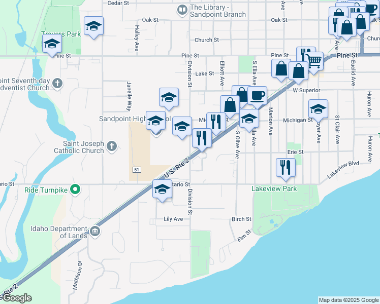 map of restaurants, bars, coffee shops, grocery stores, and more near 410 South Division Avenue in Sandpoint