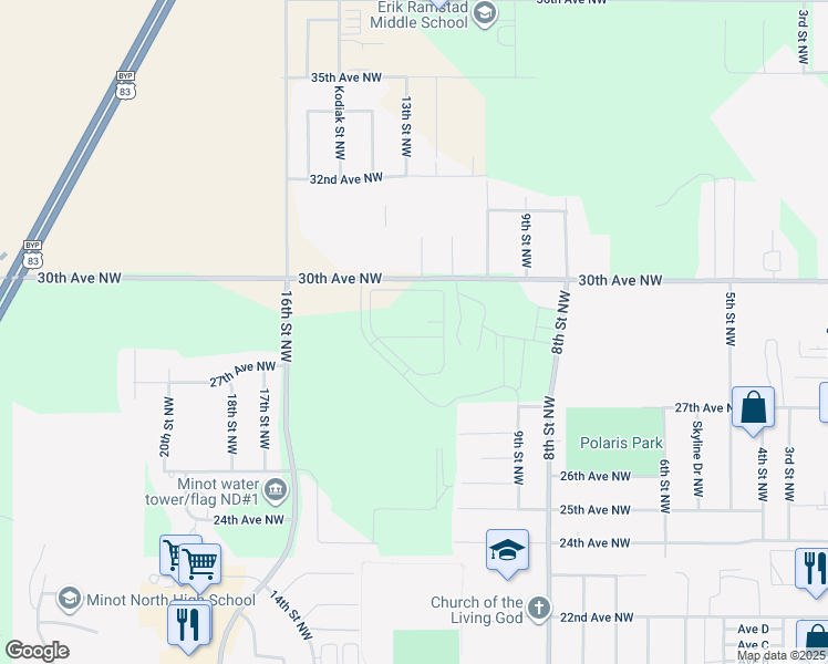 map of restaurants, bars, coffee shops, grocery stores, and more near 1205 27th Street Southwest in Minot