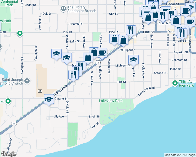 map of restaurants, bars, coffee shops, grocery stores, and more near 417 South Olive Avenue in Sandpoint