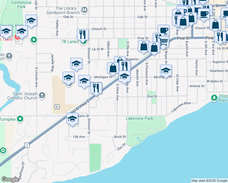 map of restaurants, bars, coffee shops, grocery stores, and more near 1213 U.S. 2 in Sandpoint