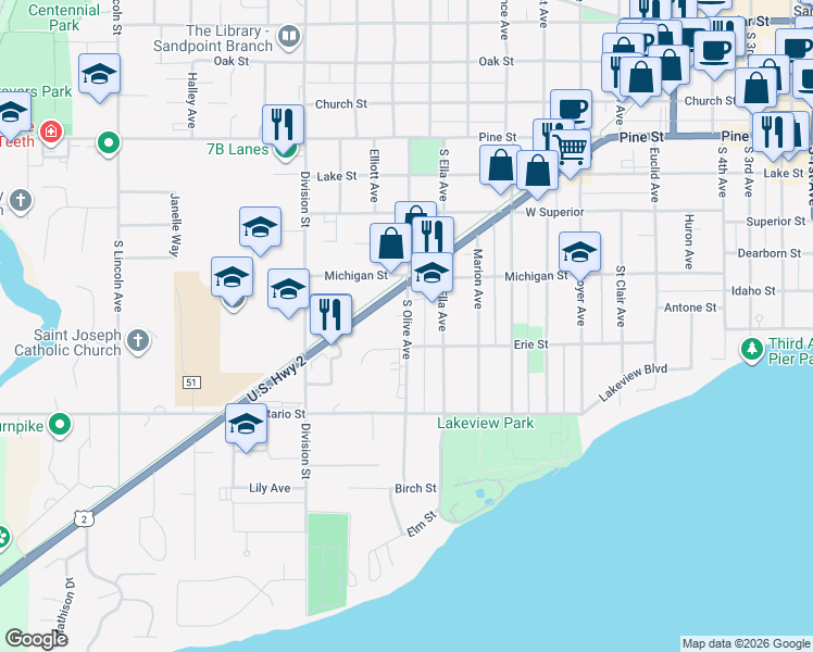 map of restaurants, bars, coffee shops, grocery stores, and more near 417 South Olive Avenue in Sandpoint