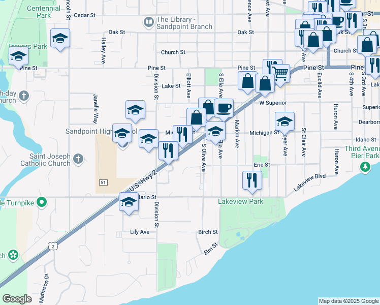 map of restaurants, bars, coffee shops, grocery stores, and more near 1213 U.S. 2 in Sandpoint