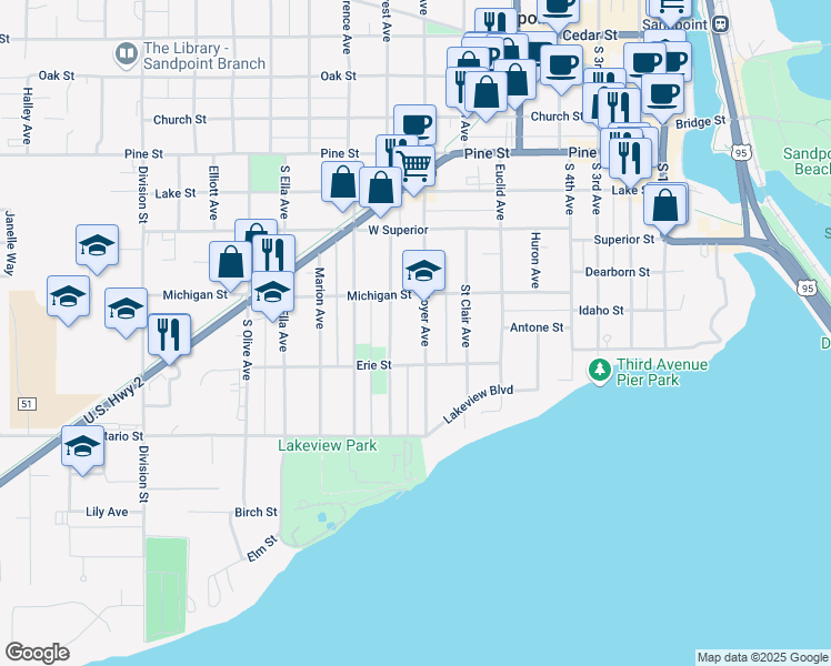 map of restaurants, bars, coffee shops, grocery stores, and more near 426 South Boyer Avenue in Sandpoint
