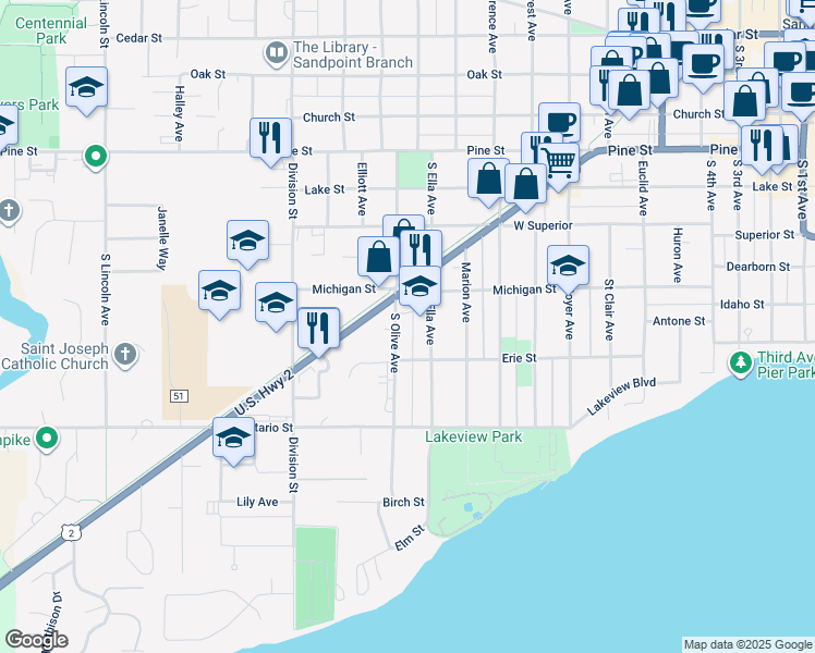 map of restaurants, bars, coffee shops, grocery stores, and more near 417 South Olive Avenue in Sandpoint