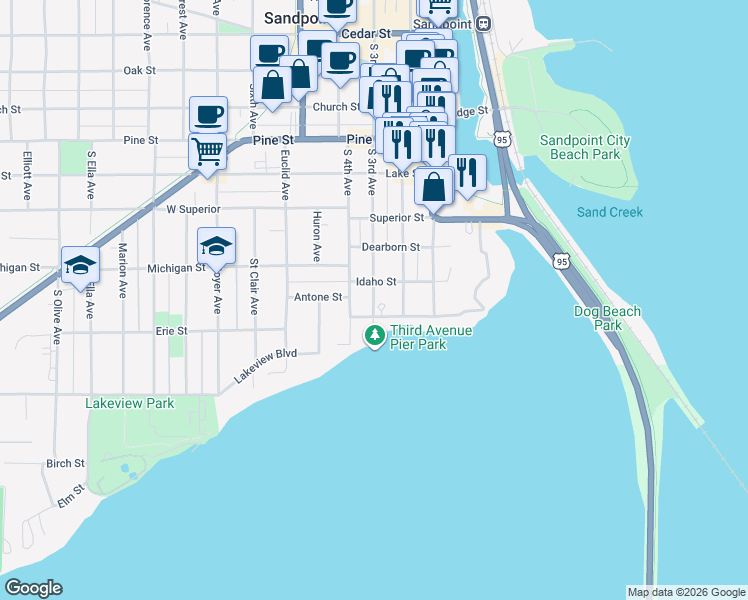 map of restaurants, bars, coffee shops, grocery stores, and more near 214 Pacific Street in Sandpoint