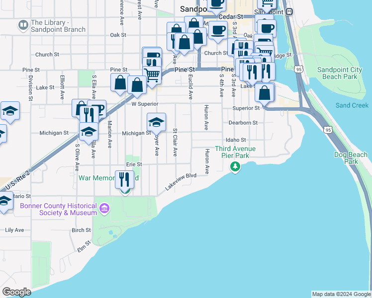 map of restaurants, bars, coffee shops, grocery stores, and more near 420 Euclid Avenue in Sandpoint