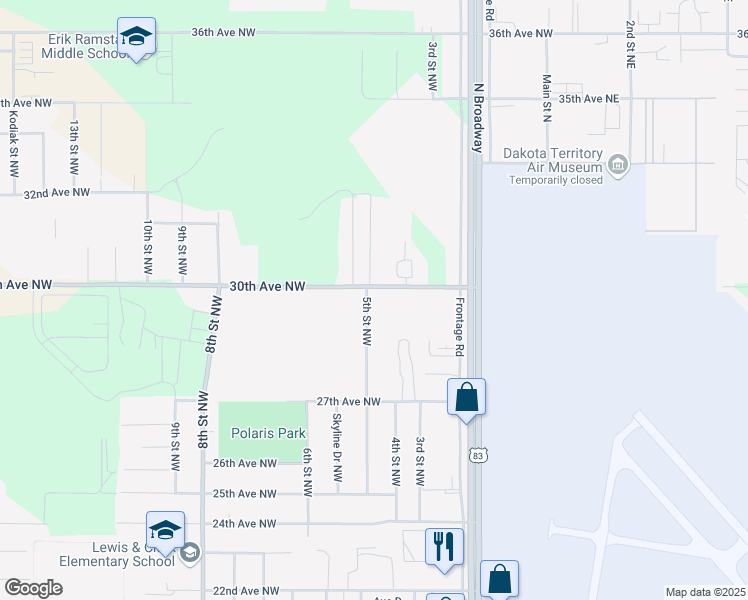 map of restaurants, bars, coffee shops, grocery stores, and more near 104 5th Street Northwest in Minot